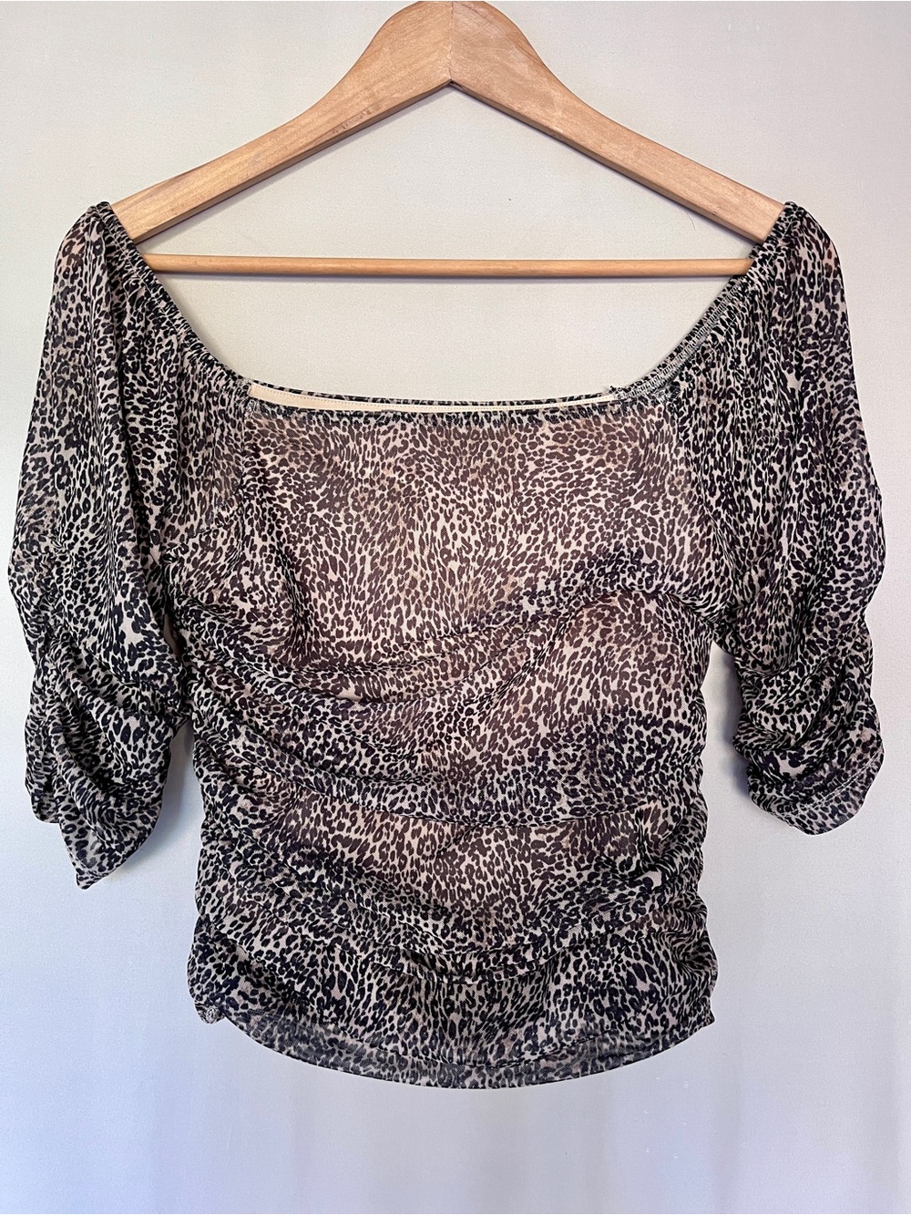 Anthropologie Leopard Mesh Ruched Off Shoulder Top XS Y2K Going Out